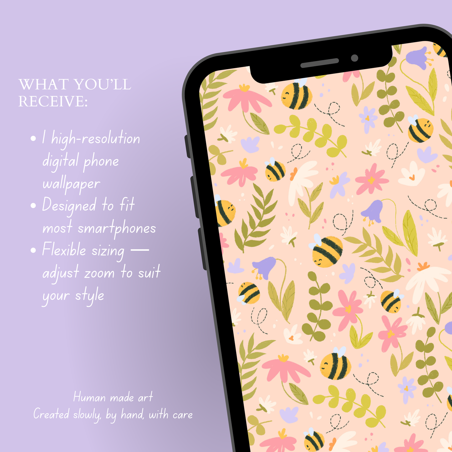 Bee Floral Phone Wallpaper | Pink Purple Flowers Digital Download | Cottagecore Pattern Background