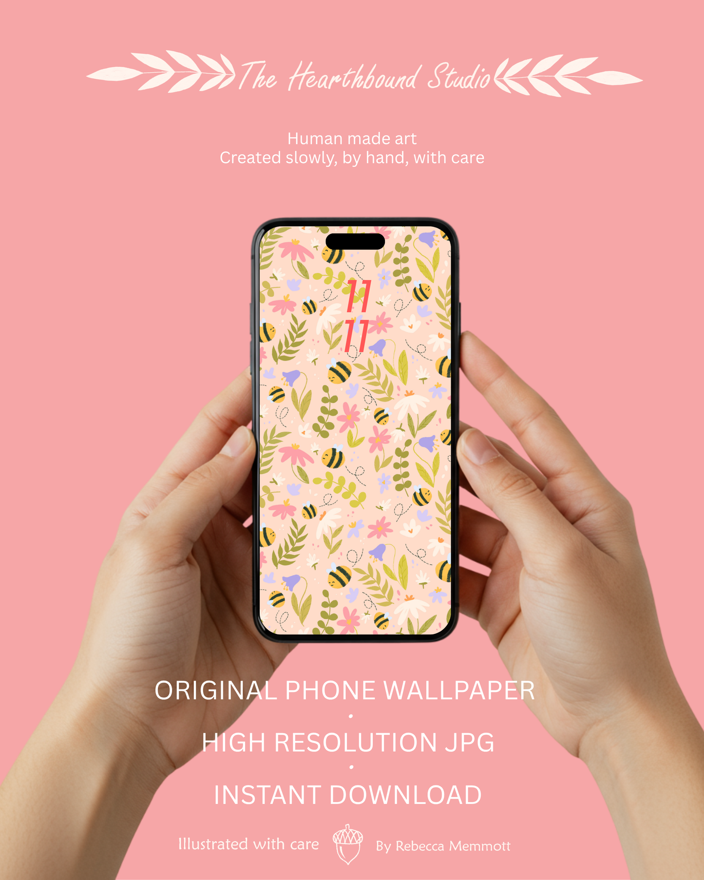 Bee Floral Phone Wallpaper | Pink Purple Flowers Digital Download | Cottagecore Pattern Background