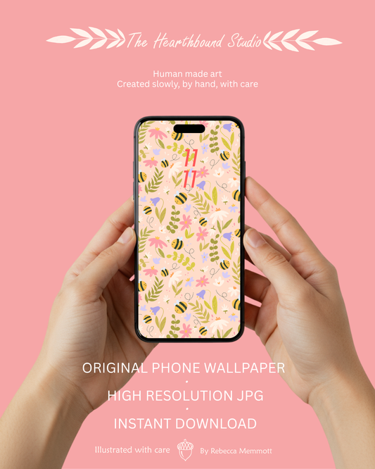 Bee Floral Phone Wallpaper | Pink Purple Flowers Digital Download | Cottagecore Pattern Background