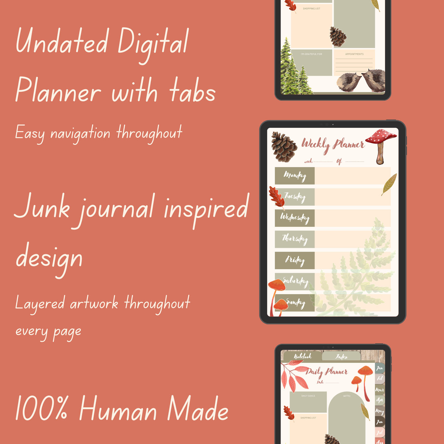 Whimsical Woodland Digital Planner | Undated Monthly, Weekly, Daily Pages (PDF)